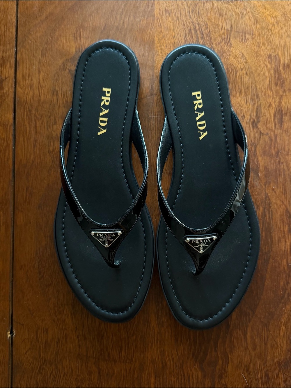 Prada Black Patent Leather Thong Sandals